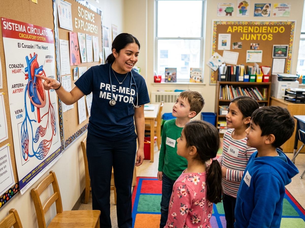 Pre-Med Student Mentor Explaining Circulatory System Poster